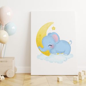 Bulutların ve Ucundan Yıldız Sarkan Ayın Üzerinde Uyuyan Fil Çocuk Odası Kanvas Tablo