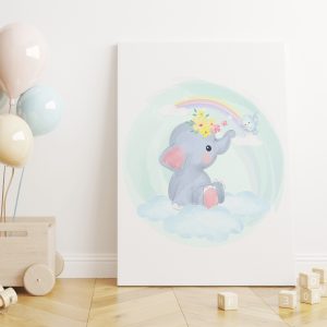 Gökkuşağı Kuş ve Başında Çiçekler Bulunan Fil Çocuk Odası Kanvas Tablo