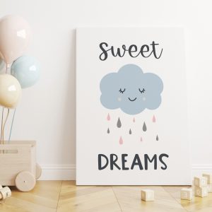 Sevimli Bulut Yağmur ve Sweet Dreams Bebek Odası Kanvas Tablo