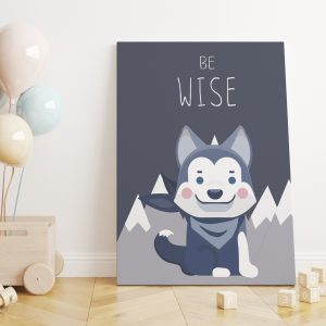 Neşeli Bilge Köpek ve Karlı Dağlar Çizim Çocuk Odası Kanvas Tablo