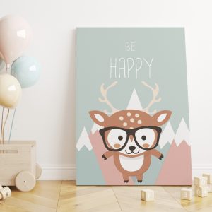 Soft Renk Tonlarında Gözlüklü Mutlu Yavru Geyik ve Dağlar Be Happy Yazılı Kanvas Çocuk Odası Tablo