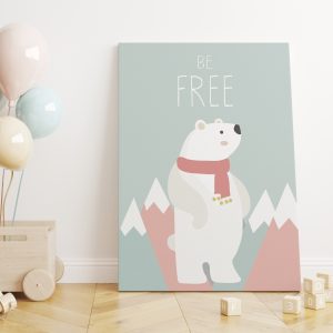 Soft Renklerde Özgür Kutup Ayısı ve Be Free Yazılı Çocuk Odası Kanvas Tablo