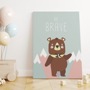 Soft Tonlarda Cesur Ayı ve Dağlar Be Brave Yazılı Çocuk Odası Kanvas Tablo