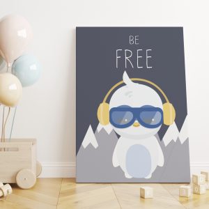 Gözlük ve Kulaklıklı Özgür Penguen ve Be Free Yazılı Çocuk Odası Kanvas Tablo