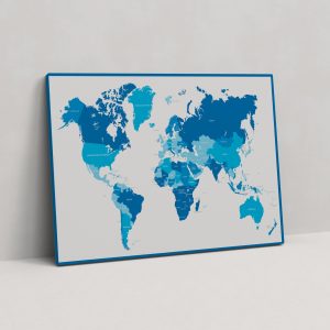 Mavi Çerçeve Görünümlü Mavi Tonlarda Renklendirilmiş Dünya Haritası Kanvas Tablo