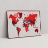 Kırmızı Çerçeve Görünümlü Kırmızı ve Mavi Tonlarda Renklendirilmiş Dünya Haritası Kanvas Tablo