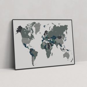 Siyah Çerçeve Görünümlü Gri ve Yeşil Tonlar ile Renklendirilmiş Dünya Haritası Kanvas Tablo