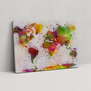 Sulu Boya Renk Sıçratma Dünya Haritası Kanvas Tablo