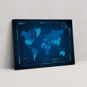 Mavi Tonlarda İnografik Dünya Haritası Kanvas Tablo