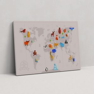 Farklı Renklerde Hayvanlarla Dünya Haritası Kanvas Tablo
