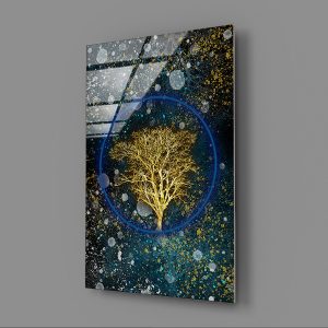 Mavi Halka İçerisinde Altın Ağaç Temalı Cam Tablo