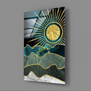 Dağlar Arkasında Yükselen Altın Güneş Temalı Cam Tablo