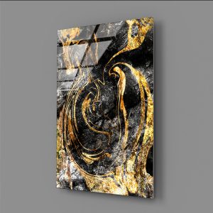 Gold Temalı Dalga Soyut Sanat Cam Tablo