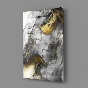 Gold Temalı Dalga Soyut Sanat Cam Tablo