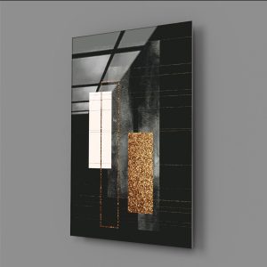 Dikdörtgen Geometrik Şekiller İçerisinde Gold Temalı Cam Tablo