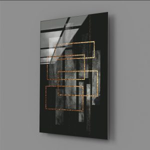 İç İçe Geçmiş Dikdörtgen Geometrik Şekiller İçerisinde Gold Temalı Cam Tablo