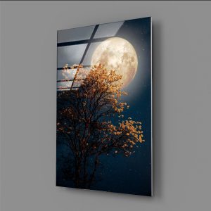 Gece Ay ve Ağaç Manzarası Cam Tablo