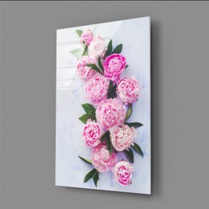 Yeşil Yapraklı Pembe Gül Cam Tablo