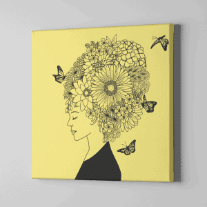 Gözleri Kapalı Çiçek Saçlı Kız ve Kelebekler Çizim Kanvas Tablo