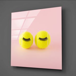 Kirpikli Sarı Beyzbol Topu Minimalist Cam Tablo