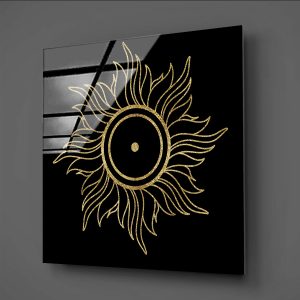 Ortasında Nokta Bulunan Çift Halkalı Güneş Figürü Gold Temalı Cam Tablo