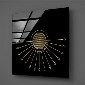 Gold Temalı Ortası Çizgili Yuvarlak Güneş Figürü ve Alt Yarısından Çıkan Işınlar Modern Cam Tablo