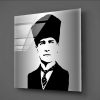 Kalpaklı Çizgili Kravatlı Ceketli Atatürk Siyah Beyaz Çizim Cam Tablo