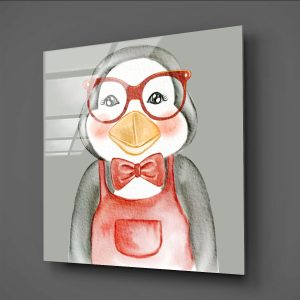 Kırmızı Gözlüklü Sevimli Penguen Çocuk Odası Cam Tablo