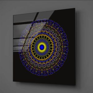 Sarı Mavi Geometrik Spiral Çizim Cam Tablo