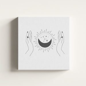 Line Art Eller Arasında Ay Mistik Enerji Kanvas Tablo
