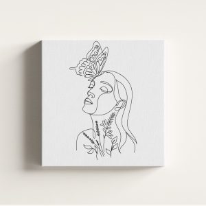 Minimal Line Art Kadın ve Kelebek Kanvas Tablo